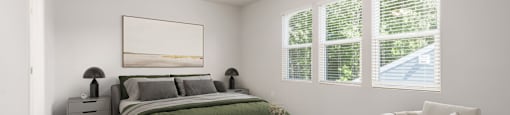 an open bedroom with a bed and a ceiling fan at Ashford Townes Apartments, Apartments, Fuquay-Varina, NC