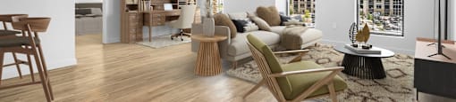 a living room with white walls and hardwood floors