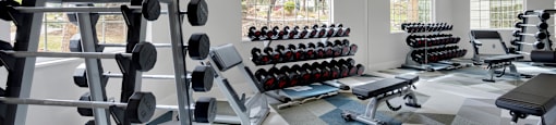 A gym with a variety of equipment including dumbbells, weight plates, and a bench press.