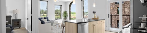 a kitchen and living room with white walls and hardwood floors