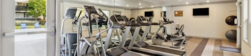 A gym with treadmills, elliptical machines, and a weight ball.