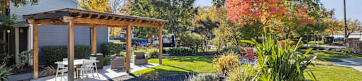 A backyard with a wooden pergola and a gravel path.