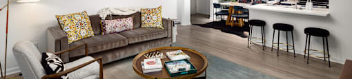 a living room with a couch and a coffee table