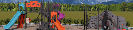 A playground with a slide, monkey bars, and a rock wall.