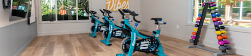 a group of exercise bikes in the fitness room