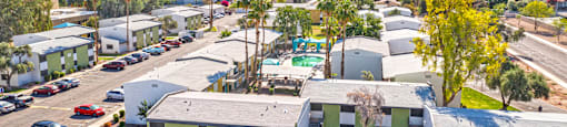 Aerial view of the community with Downtown Tempe in the background