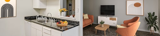 A kitchen with a black granite countertop and white cabinets.