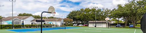 A basketball court with a blue painted area and a basketball hoop.
