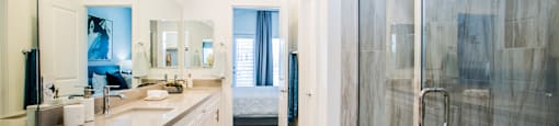 a bathroom with two sinks and a walk in showerat Townes at Peace Way, Las Vegas