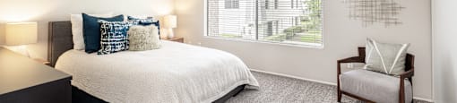a bedroom with a bed and a chair