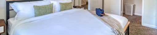 a bedroom with a large bed and a closet