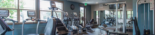 a gym with various cardio equipment and windows