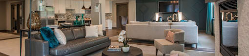 a living room with couches and chairs and a fireplace