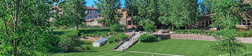 a large lawn with trees and a house in the background