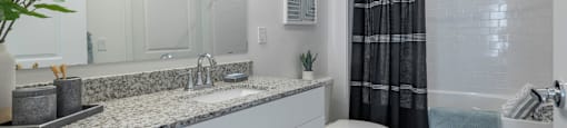a bathroom with a shower and a toilet and a sink
