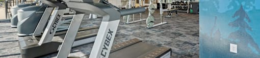 a gym with treadmills and other exercise equipment in the lobby of a building