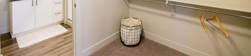 a spacious walk in closet with a mirror and a laundry room
