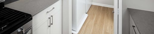 a kitchen with white cabinets and a door to a laundry room