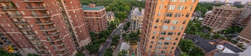 A view of a city street from a high vantage point.