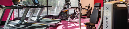 A gym with treadmills, exercise bikes, and other equipment.