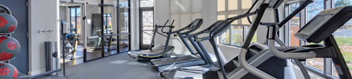 A gym with treadmills and exercise equipment.