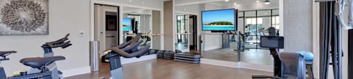 A gym with a variety of exercise equipment including treadmills, stationary bikes, and weight machines.
