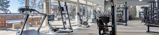 A gym with treadmills, elliptical machines, and other exercise equipment.