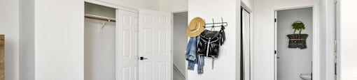 A room with a black rug and a coat rack with hats and bags.