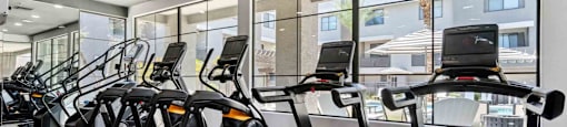A gym with treadmills and elliptical machines.
