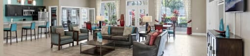 A spacious living room with a kitchen area in the background.