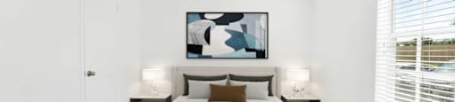A bedroom with a large bed and a painting above it.