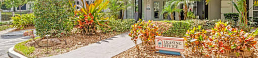 A leasing office is surrounded by plants and trees.