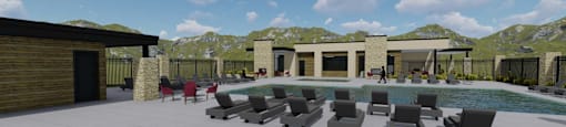 A modern outdoor seating area with grey chairs and tables.