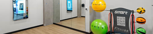 A room with a Smart Fitness ball and chair.