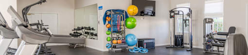 A gym with treadmills, exercise balls, and other equipment.