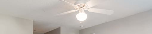 an empty bedroom with carpeted flooring and a ceiling fan