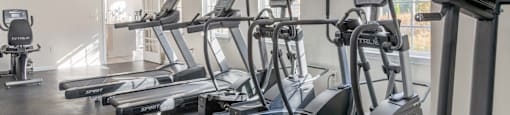 A gym with treadmills and elliptical machines.