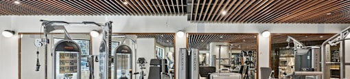 A gym with a variety of equipment including a treadmill, weights, and a bench press.