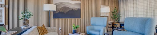 A living room with a grey couch, a blue chair, and a brown rug.