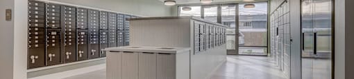 a large room with a counter in the middle of it