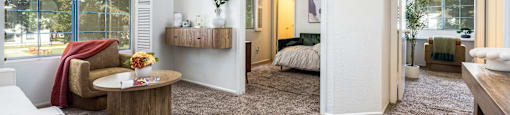 A living room with a brown carpet and a white couch.