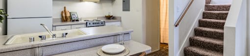 A kitchen with a dining table and chairs.