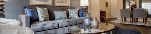 A living room with a grey couch, a glass coffee table, and a blue and white rug.