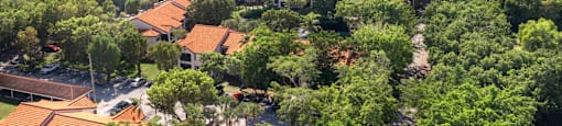 A view of a residential area with houses and trees.