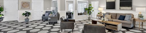 A spacious living room with a patterned floor and a chandelier. at Cascades at Clear Lake Apartments, Florida, 33908