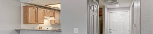 A room with a white door and a kitchen area with wooden cabinets.
