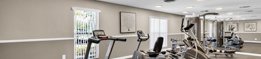 A spacious gym with treadmills, elliptical machines, and other exercise equipment. at Cascades at Clear Lake Apartments, Ft. Myers, Florida
