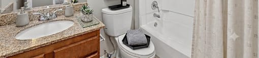 A bathroom with a toilet, sink, and shower.