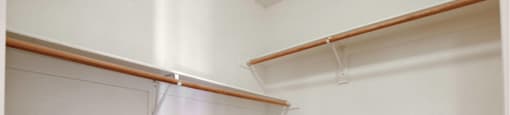A white closet with two shelves and a carpeted floor.