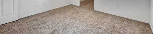 A room with a carpeted floor and a window with blinds.